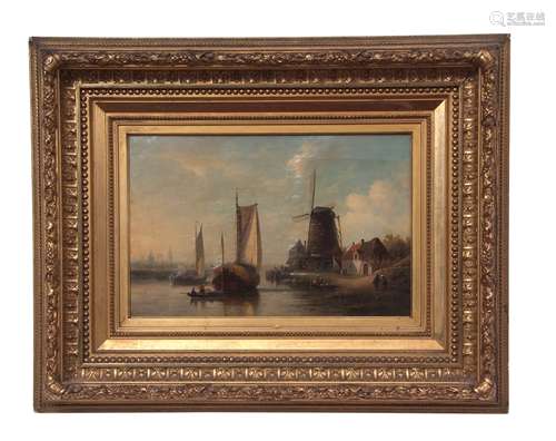 Louis Auguste Adolphe Williot (1829-1865), Dutch landscape with figures, barge and windmill, oil