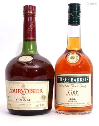 Courvoisier 3-star luxe Cognac, 1ltr, 40% vol and Three Barrels Rare Old French brandy, VSOP, 5