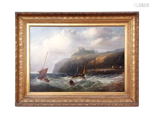 Circle of James Wilson Carmichael (1800-1868), Coastal scene with boats and castle, oil on canvas,