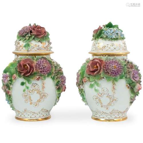 Pair of Floral Encrusted Porcelain Covered Urns