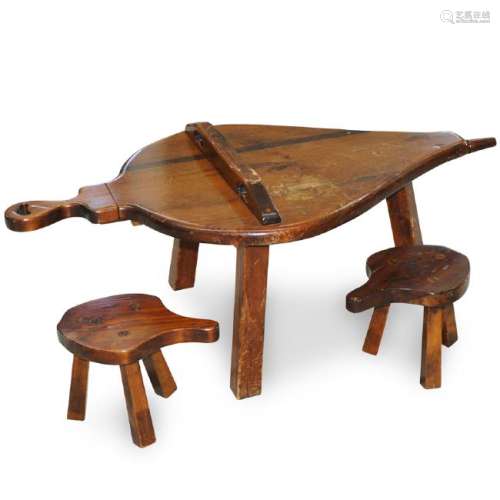 (3 Pc) Wooden Workshop Table and Chairs