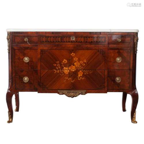 Antique Marquetry Inlaid Marble Top Dresser