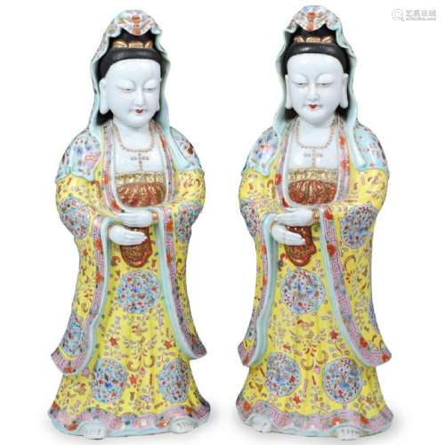 Pair of Famille Rose Guan Yin Figurines