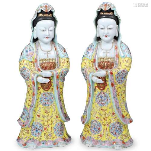 Pair of Famille Rose Guan Yin Figurines