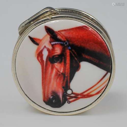 Sterling Silver Equestrian Enamel Pill Box