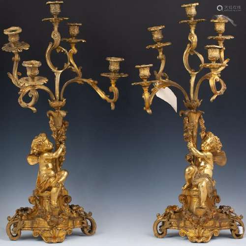 Pair of French Gilt Bronze Candelabras