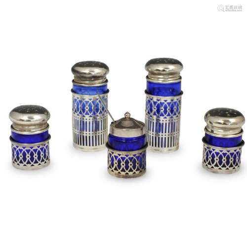 (5 Pc) Blue Glass and Silverplated Salt Shakers