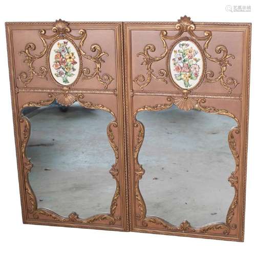 (2 Pc) Giltwood and Applied Floral Hanging Mirrors