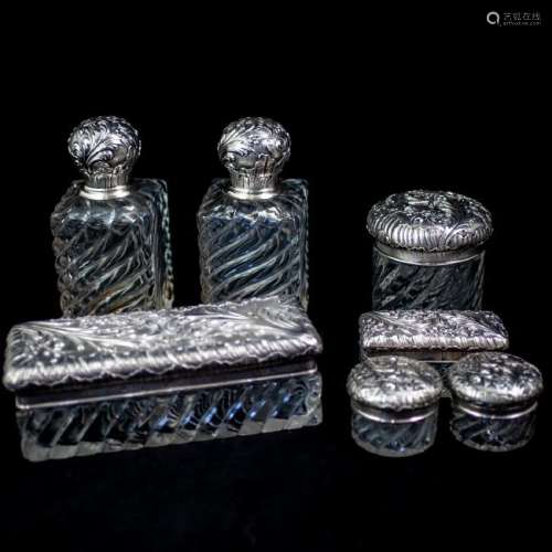(7 Pc) French Silver and Cut Glass Vanity Set