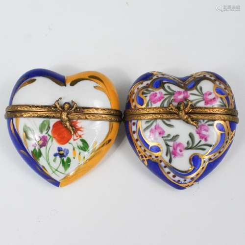 (2 Pc) Limoges Porcelain Heart Pill Boxes