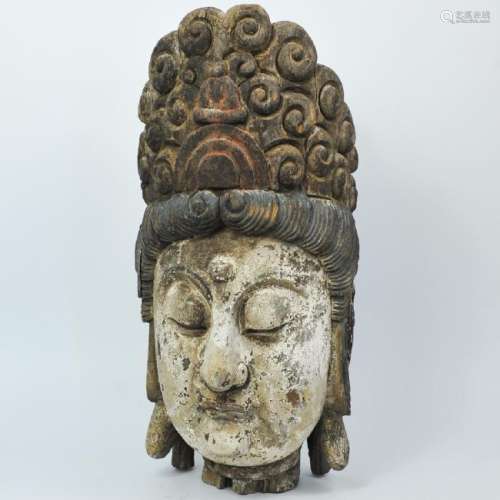 Chinese Carved Wood Buddha Head Statue