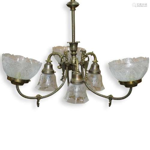 Brass and Crystal Six Arm Chandelier