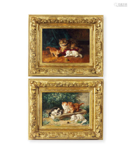 约1890年 法国 阿尔弗雷德•布鲁内尔•纽维尔 《猫》木板油画一对