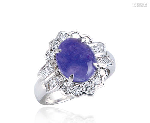 3.64克拉 天然帝王紫紫罗兰翡翠蛋面配钻石戒指