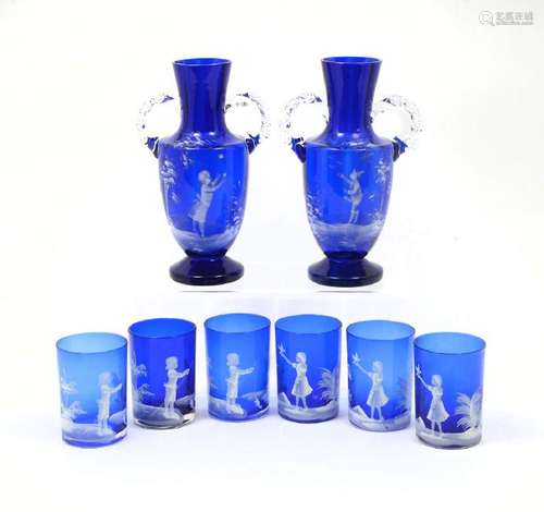 8 PC. MARY GREGORY COBALT BLUE VASES & GLASSES