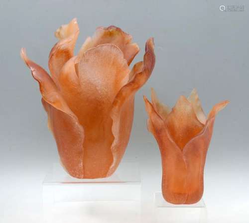 2 PIECE DAUM FRANCE PATE DE VERRE GLASS TULIP VASE