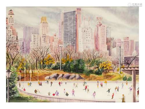 MICHAEL LEU WATERCOLOR SKATERS IN CENTRAL PARK