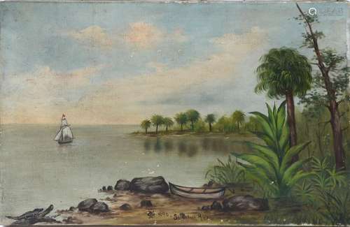 FLORIDA LAGOON SCENE WITH SAILBOAT AND CANOE