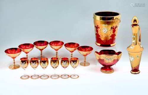 15 PC. ITALIAN ENAMELED CRANBERRY GLASS