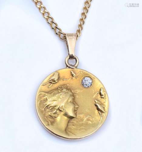 14K ART NOUVEAU DIAMOND PENDANT ON 18K CHAIN