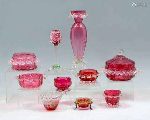 10 PC. 19TH C. CRANBERRY GLASS WITH RUFFLED EDGE