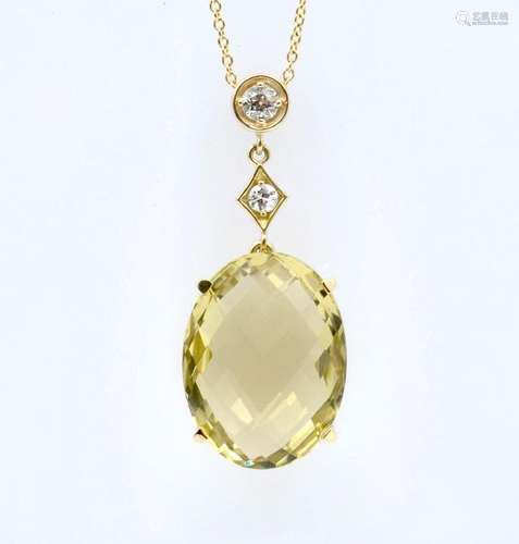 15 CT CITRINE & DIAMOND PENDANT WITH 18K CHAIN