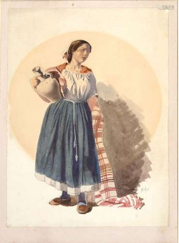 AMERICAN SCHOOL WATERCOLOR WOMAN WITH JUG