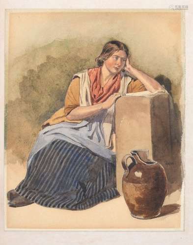 AMERICAN SCHOOL WATERCOLOR WOMAN RESTING