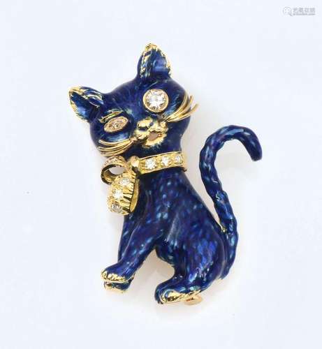 COBALT BLUE ENAMEL ON 18K WINKING KITTY BROOCH