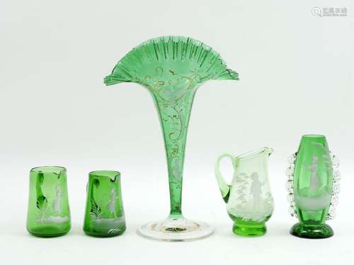 5 PC. GREEN MARY GREGORY GLASS COLLECTION