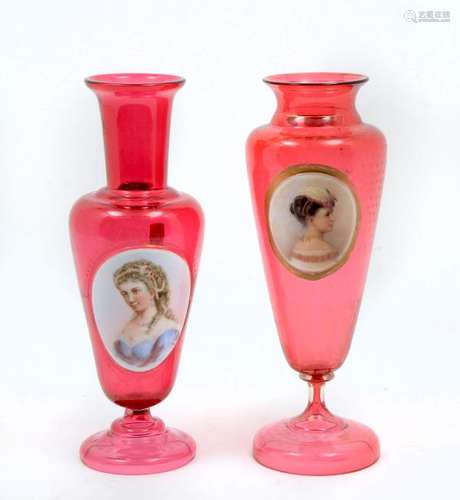 2 MOSER CRANBERRY PORTRAIT VASES