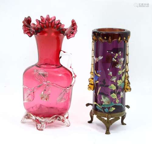 2 PIECE APPLIED GLASS VASES: Comprising; 1- cranberry