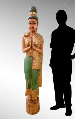 LARGE CARVED POLYCHROME THAI FEMALE FIGURE