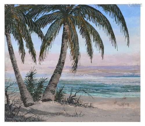 FLORIDA BEACH SCENE WITH TWO PALMS