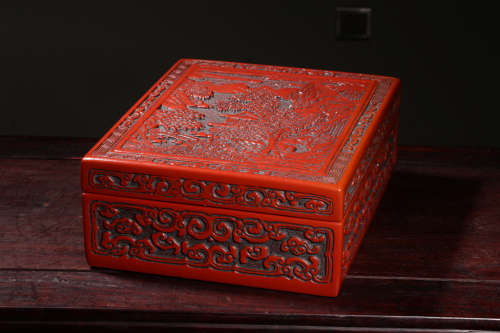 创汇.精美木胎漆器满工剔红山水风景图长方形盖盒
