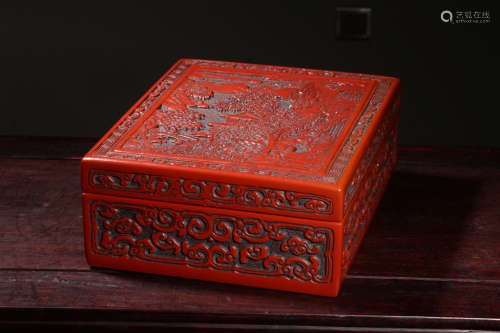 创汇.精美木胎漆器满工剔红山水风景图长方形盖盒