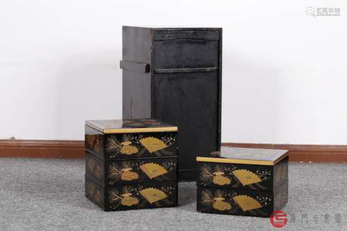 昭和时期.木胎漆器金莳绘五层盖盒（附一个备用盖，原装木盒）