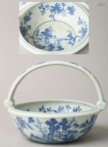 青花山水紋提手鉢