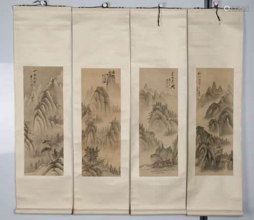 中国美协会员梦石款山水画四条屏绢本立轴