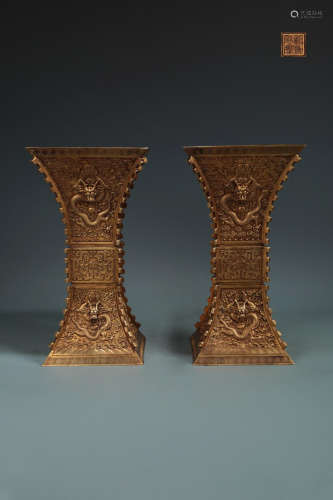 PAIR OF GILT BRONZE VASES OF DRAGON CARVING