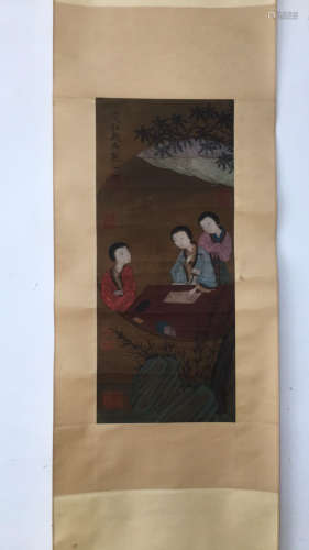 A SCENE OF MAID PORTRAITS SILK SCROLL FROM ZHAOCHI