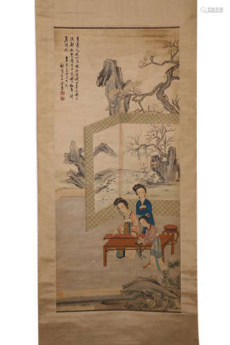 AN INK SCROLL PAINTING OF MAIDS FROM YUJI
