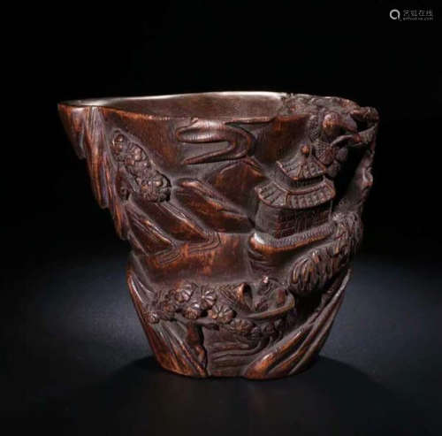 A CHENXIANG WOOD CUP IN LANSCAPE PATTERNED