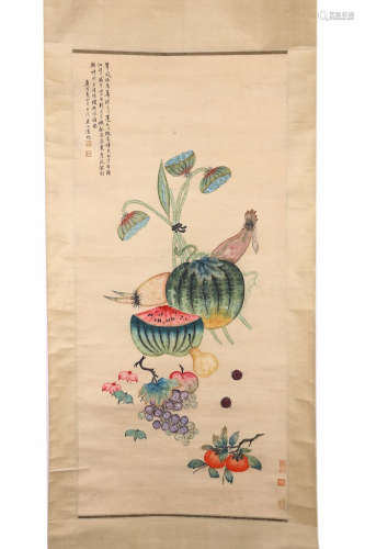 A SCENE OF FRUITS PAINTING INK SCROLL FROM LUHUI