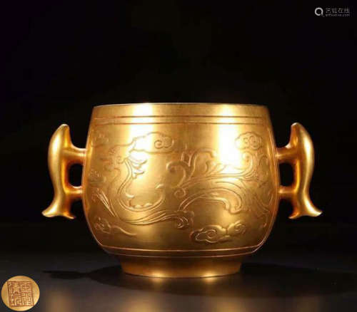 A COPPER GILT DOUBLE-FISH-EAR CENSER