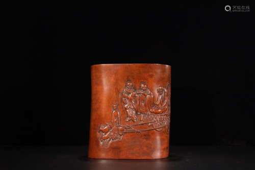 A SCENE OF CHINESE IMMORTALS HUANGYANG WOOD BRUSH POT