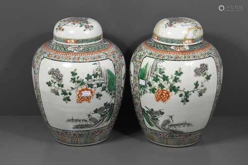 Paire de vases couverts en porcelaine de Chine (Ht.30cm, un couvercle cassé)