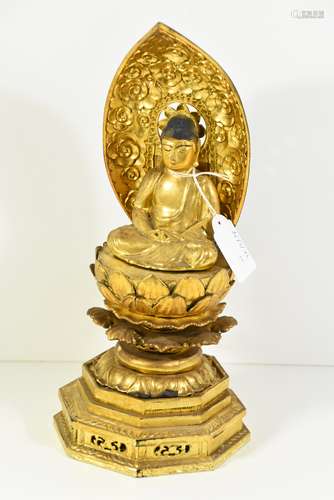 Bouddha en bois peint et doré (Ht 32cm)