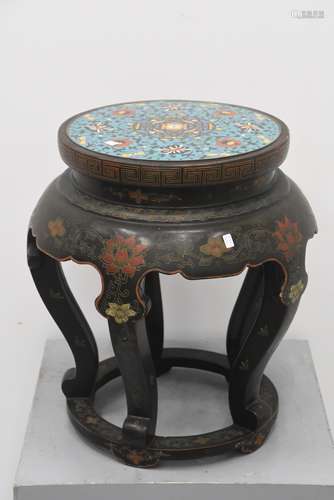 Socle asiatique en bois et cloisonné (Ht 47cm, Ø 35cm)