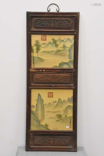 Cadre asiatique avec deux plaques en porcelaine de Chine (Ht 95 x 35cm)